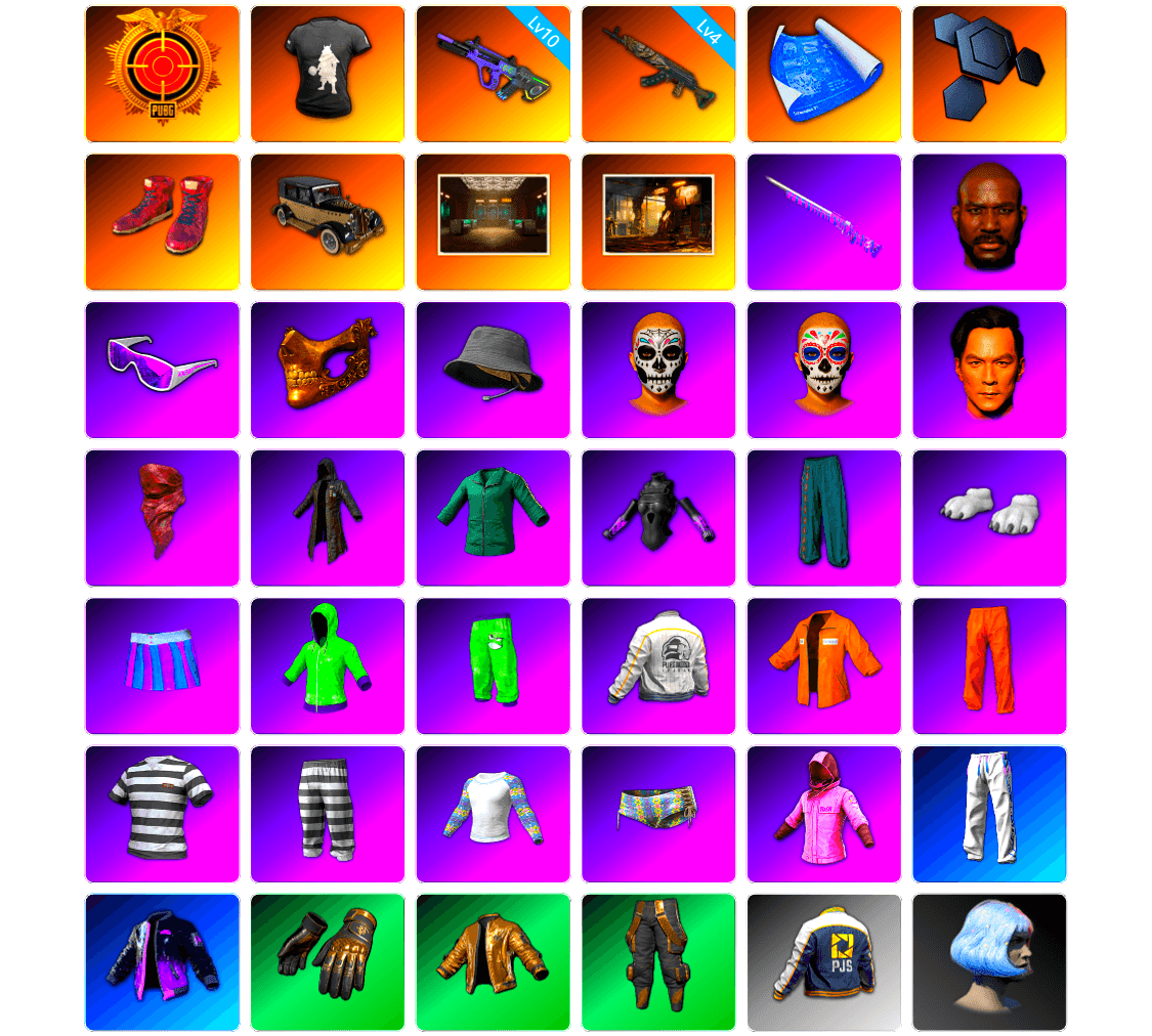 DMM T-Shirt, Hi-top Trainers (Red), Jonathan Kamau, Snow Glasses, PGC 2021 Contingent Chaos Mask, PLAYERUNKNOWN's Bandana, Heavy Fur Coat (Black), Polar Bear Feet, SkipNhO's SLR, Escapee Jacket, Jailbird T-Shirt, Rash Vest, Rash Beixli Xtra Tough Jacket, Rash Beixli Xtra Tough Jacket, Desolate Warehouse, JennaJulien's M24, JennaJulien's Pleated Skirt, PEL 2019 Phase 2 Jacket, XingHun's Tiger Strike Pants, PJS 2019 Phase 2 Jacket, XiongDi Hoodie, StreamerOne, Bengal Blade - SCAR-L, Blue Thunder Gloves, Diva Glasses (White), Rose-tinted Glasses, Esports Chicken Dinner Shirt, Sideshow Bear Feet - 1
