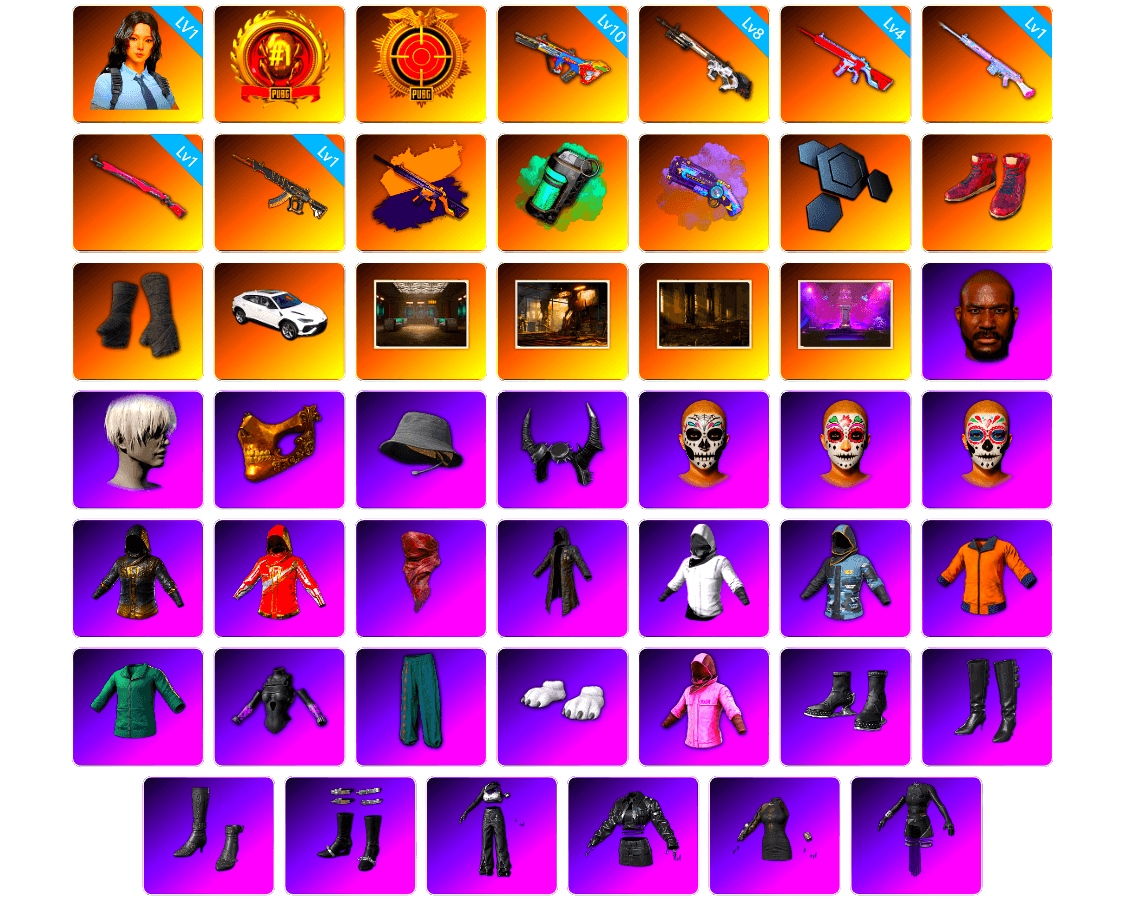 Teal Smoke Grenade, Purple Magical Mist — M79, Hi-top Trainers (Red), Duncan's Infiltrator Handwraps, Jonathan Kamau, 9S's Hairstyle, PGC 2021 Contingent Chaos Mask, Demon Biker Horns, PLAYERUNKNOWN's Bandana, Heavy Fur Coat (Black), Polar Bear Feet, Rash Beixli Xtra Tough Jacket, aespa Stage, Harley Quinn's Hair, Rash Beixli Xtra Tough Jacket, Desolate Warehouse, Nostalgia, aespa NINGNING, XingHun's Tiger Strike Jacket, XingHun's Tiger Strike Pants, NPL 2019 Phase 2 Jacket, PJS 2019 Phase 2 Jacket, XiongDi Hoodie, StreamerOne, GPT 2025 Four Angry Men Jacket, Training Jacket (Green), aespa KARINA, aespa WINTER, aespa GISELLE, Full Autumn — M416, «Chiron» Sports Car, HUYA T-shirt, DOUYU T-shirt, Sideshow Bear Feet - 1